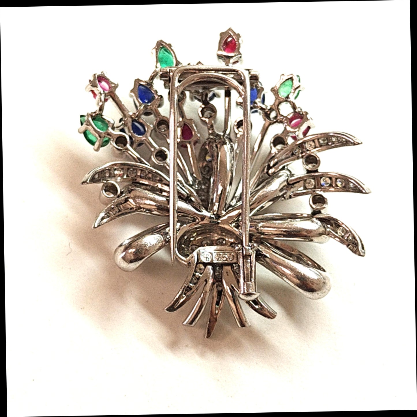 FLORAL BOUQUET PIN BROOCH DIAMOND RUBY SAPPHIRE AND EMERALD WHITE GOLD