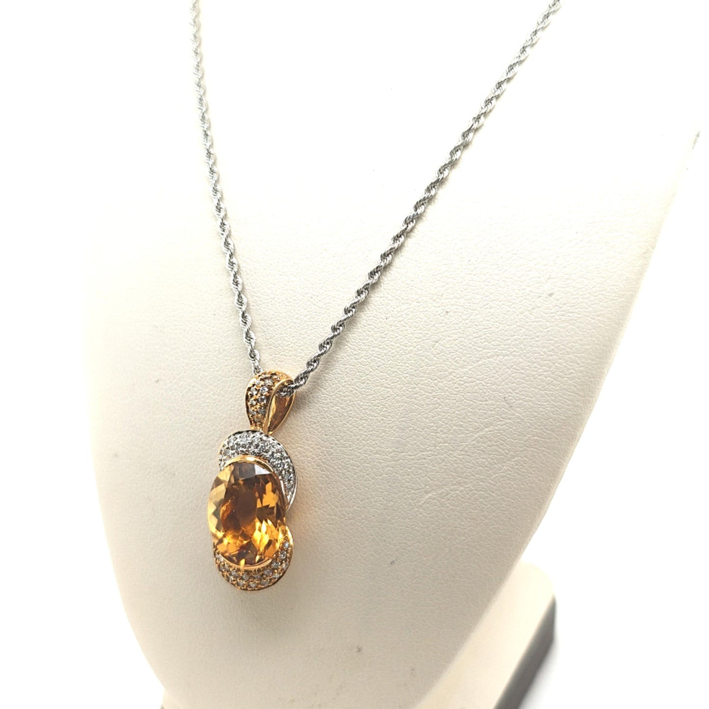 CITRINE AND DIAMOND PENDANT NECKLACE TWO TONE GOLD