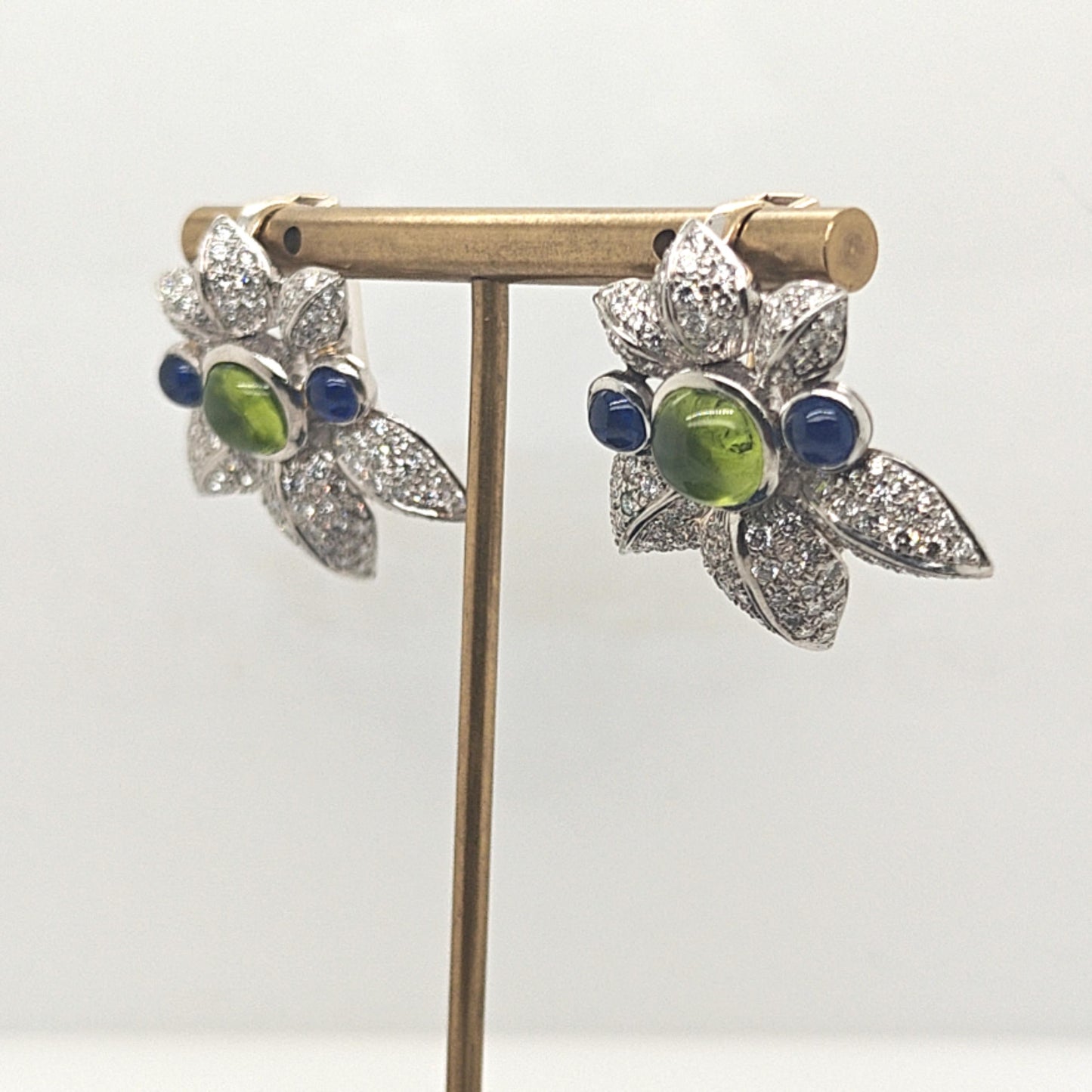 DIAMOND CABOCHON SAPPHIRE AND TOURMALINE LEAF SHAPED EARRINGS PLATINUM
