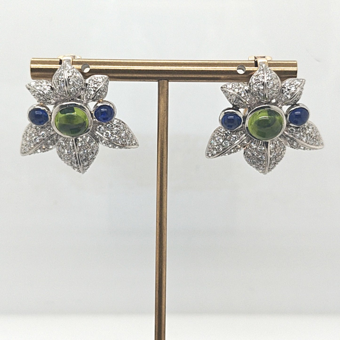 DIAMOND CABOCHON SAPPHIRE AND TOURMALINE LEAF SHAPED EARRINGS PLATINUM