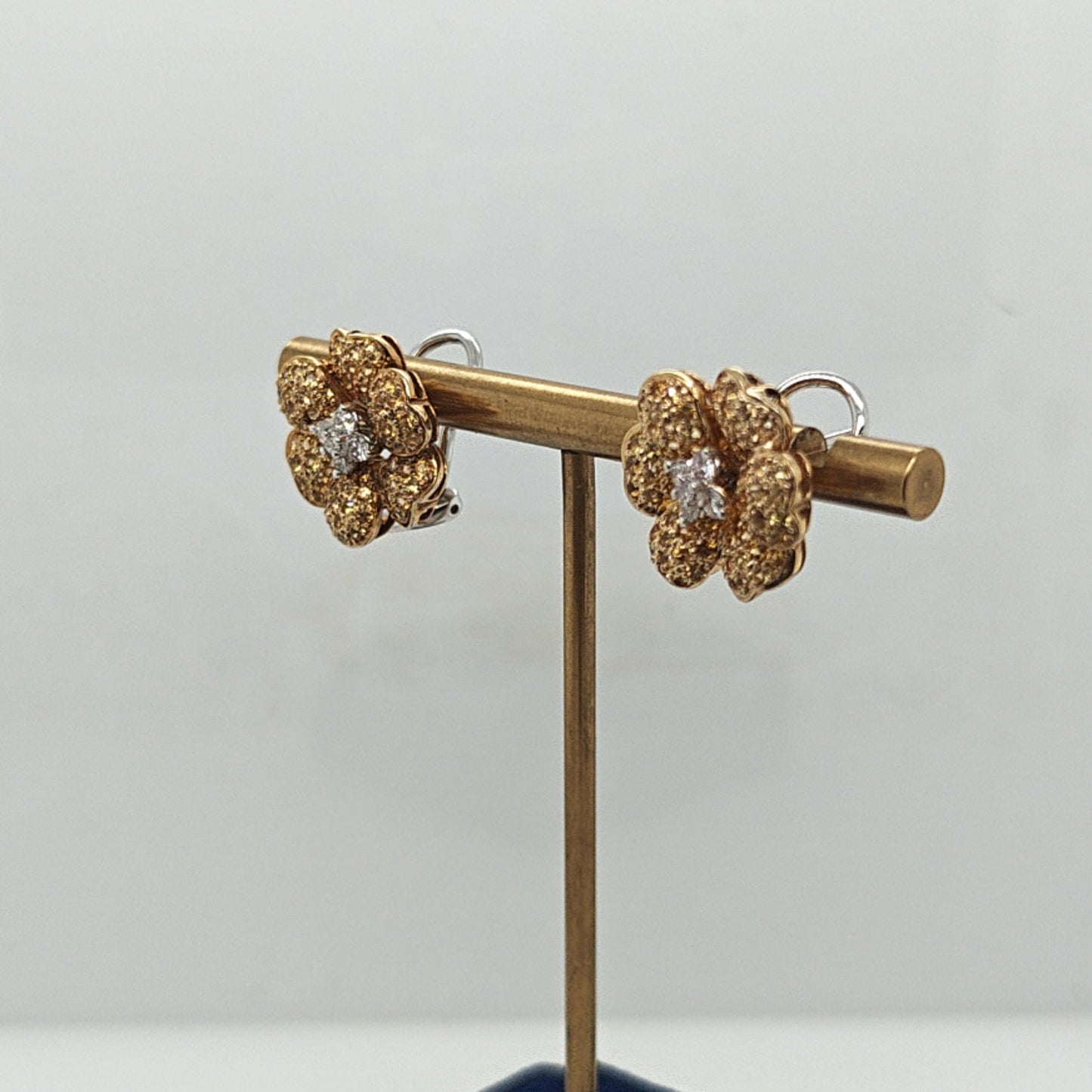 YELLOW SAPPHIRE AND DIAMOND FLOWER EARRINGS TWO TONE GOLD