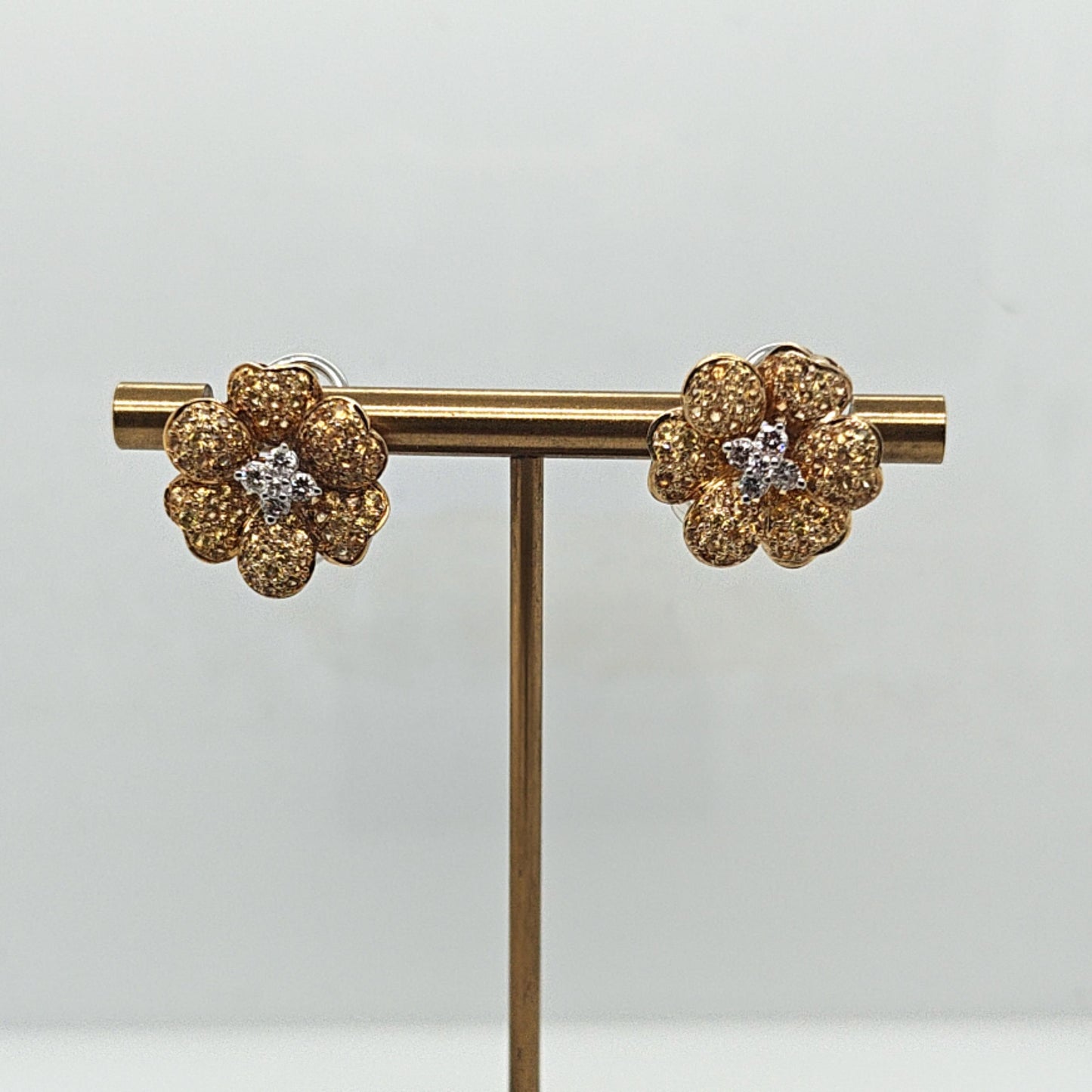 YELLOW SAPPHIRE AND DIAMOND FLOWER EARRINGS TWO TONE GOLD