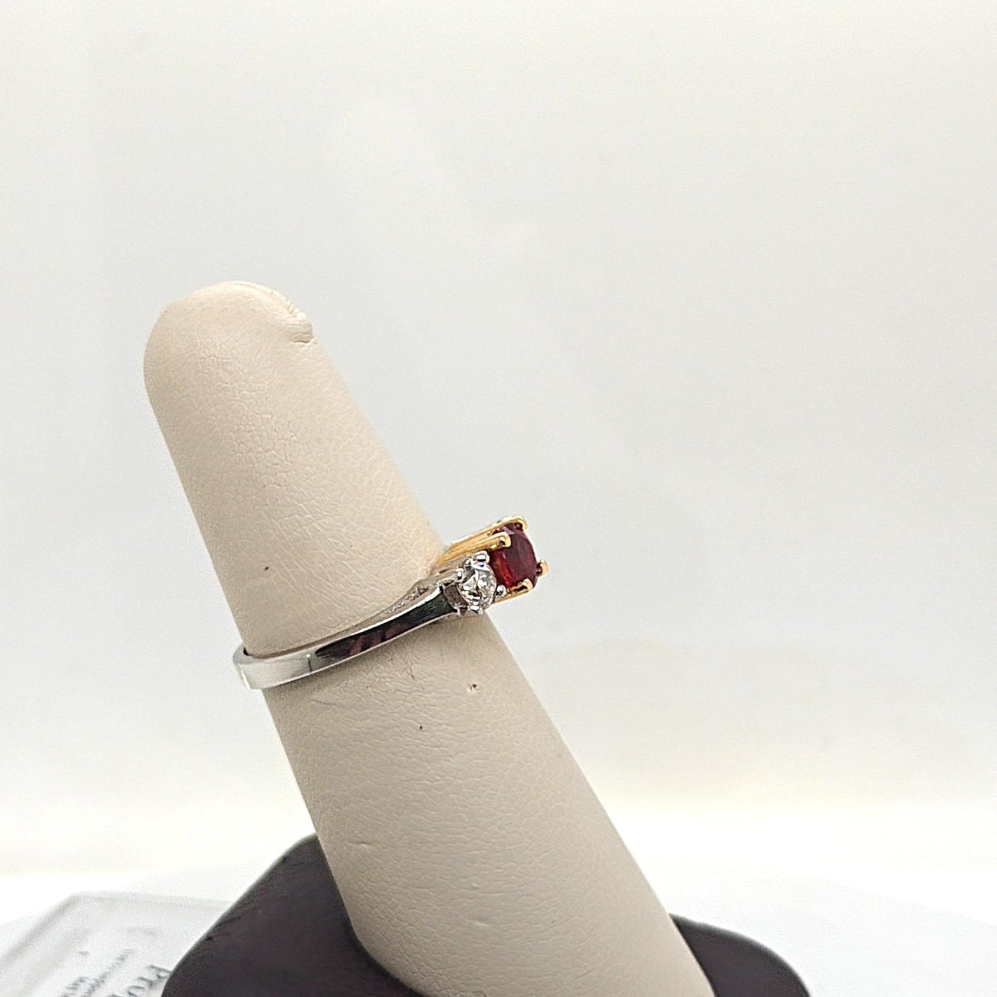 RUBY AND DIAMOND 3 STONE RING PLATINUM AND YELLOW GOLD