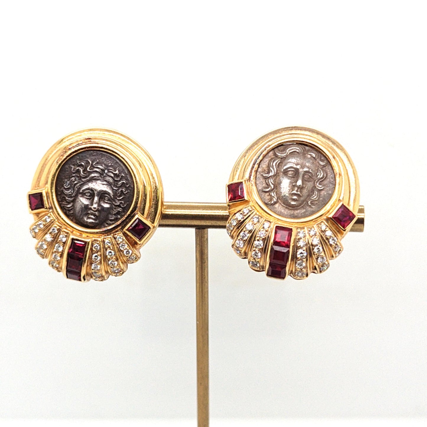 DIAMOND AND RUBY ROMAN COIN EARRINGS CLIP ON YELLOW GOLD