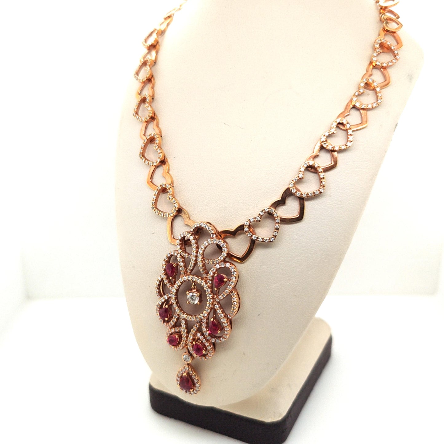 DIAMOND AND RUBY NECKLACE ROSE GOLD HEARTS