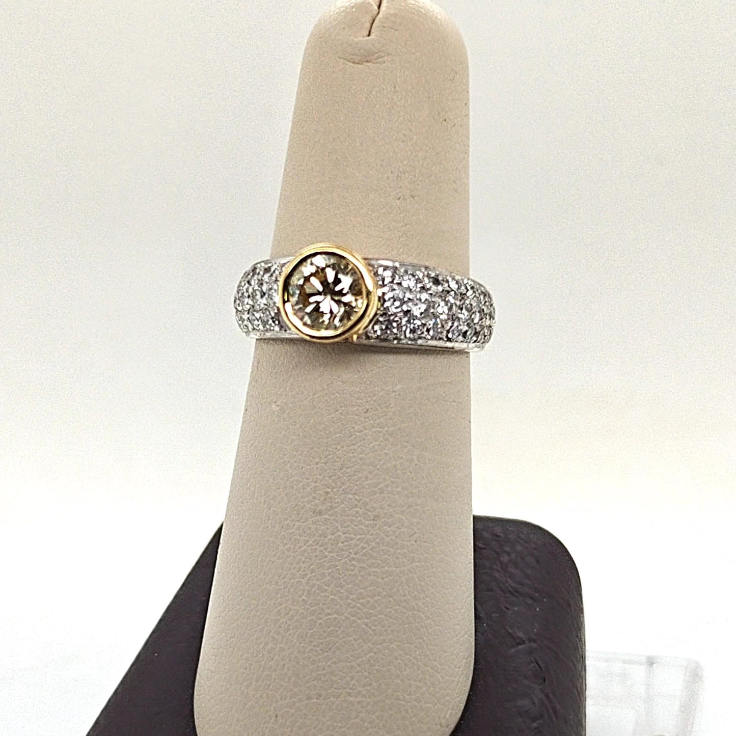 YELLOW DIAMOND 1.05CT RING WITH PAVE SIDE DIAMONDS 1.61CT TWO TONE GOLD