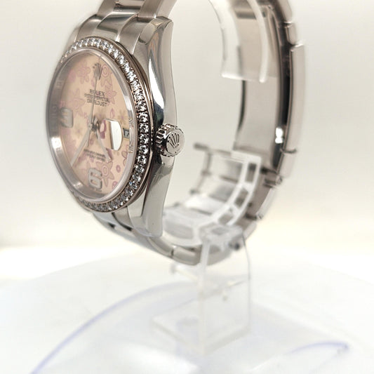 ROLEX DATEJUST PINK FLORAL MOTIF DIAMOND BEZEL OYSTER STEEL 36MM