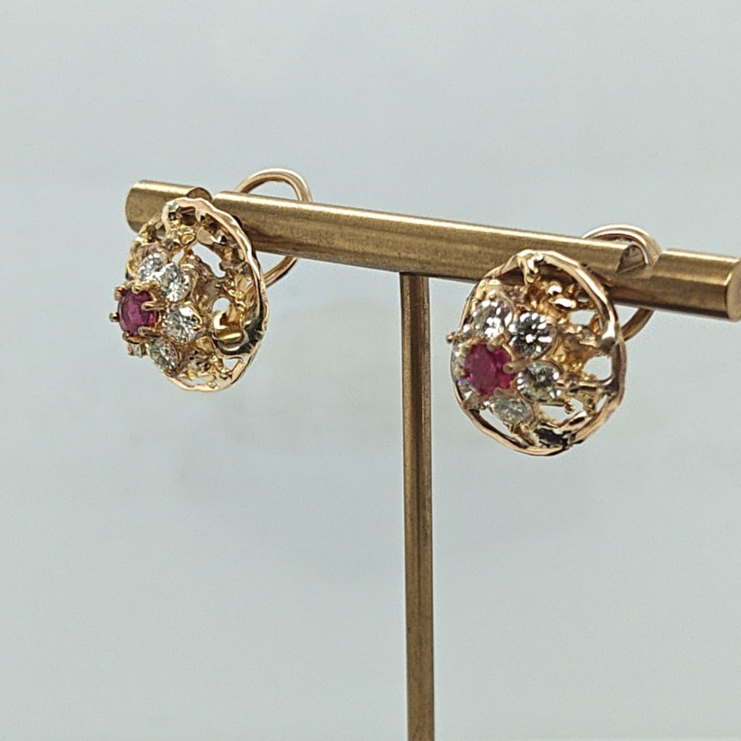 DIAMOND AND RUBY CLUSTER ESTATE EARRINGS YELLOW GOLD