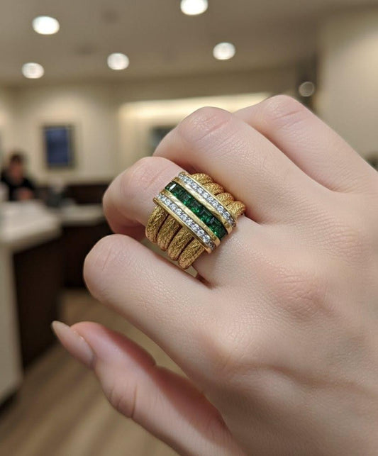SEIDENGANG FOUR BAND STACK RING WITH TOURMALINE AND DIAMONDS YELLOW/GREEN GOLD