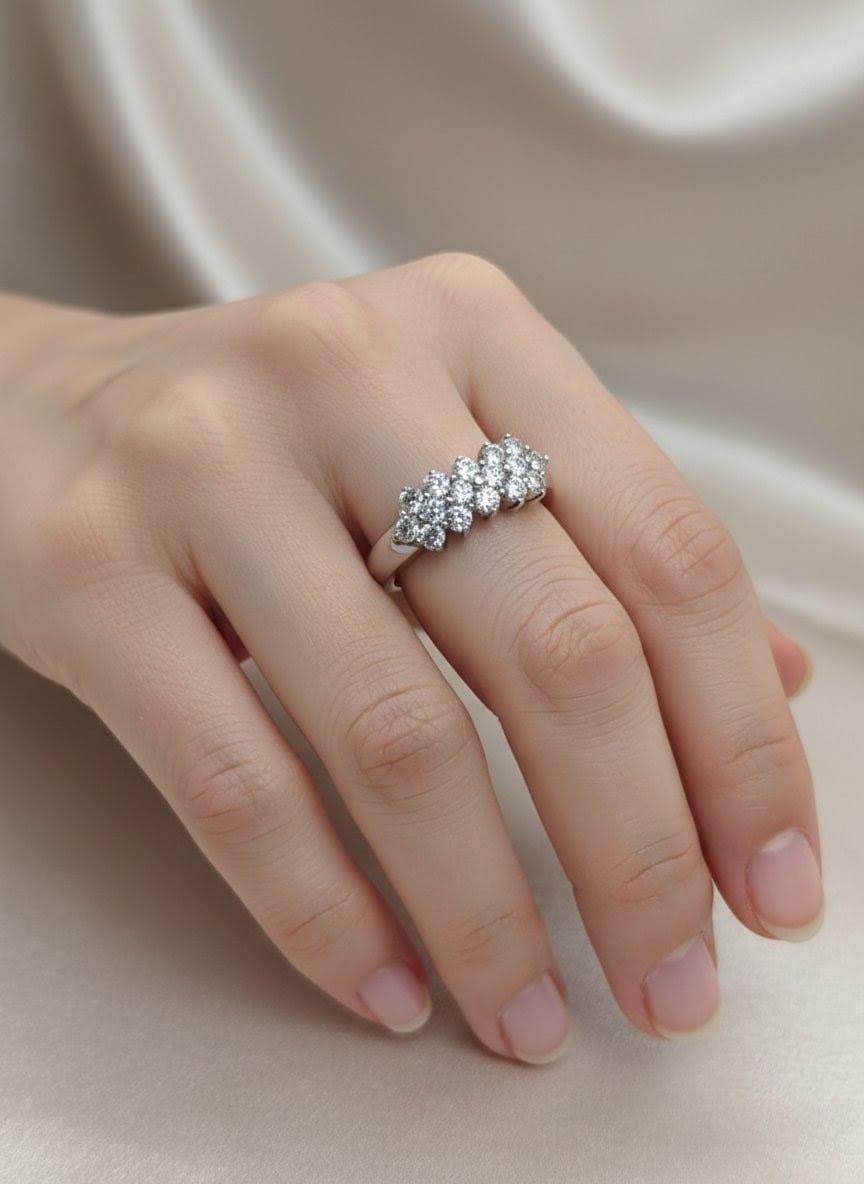 DIAMOND CLUSTER BAND RING THREE ROW 1.02CTW WHITE GOLD