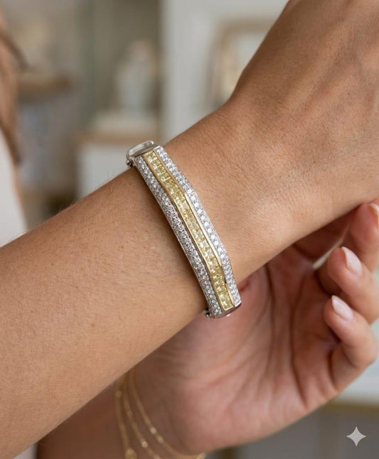 HEAVY DIAMOND BANGLE FANCY YELLOW AND WHITE DIAMONDS 6.70CTW WHITE GOLD