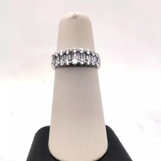 Diamond ring 14WG band with Baguette center and rounds on the sides 1.15CTW