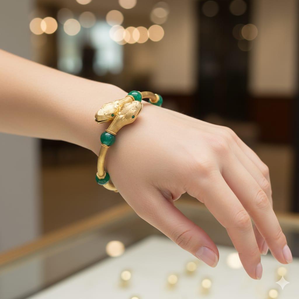 VINTAGE GOLD SNAKE HEAD FLEXIBLE BANGLE YELLOW GOLD