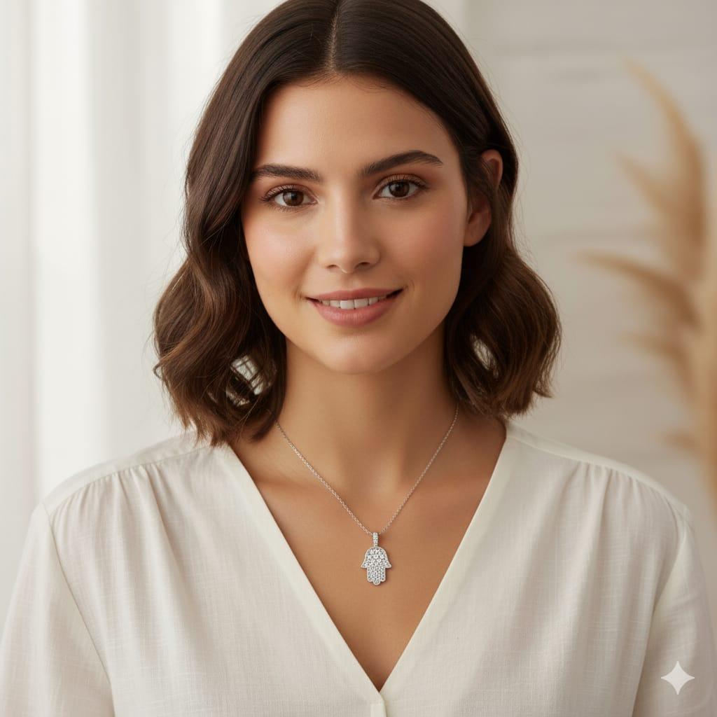 DIAMOND HAMSA PENDANT NECKLACE WHITE GOLD