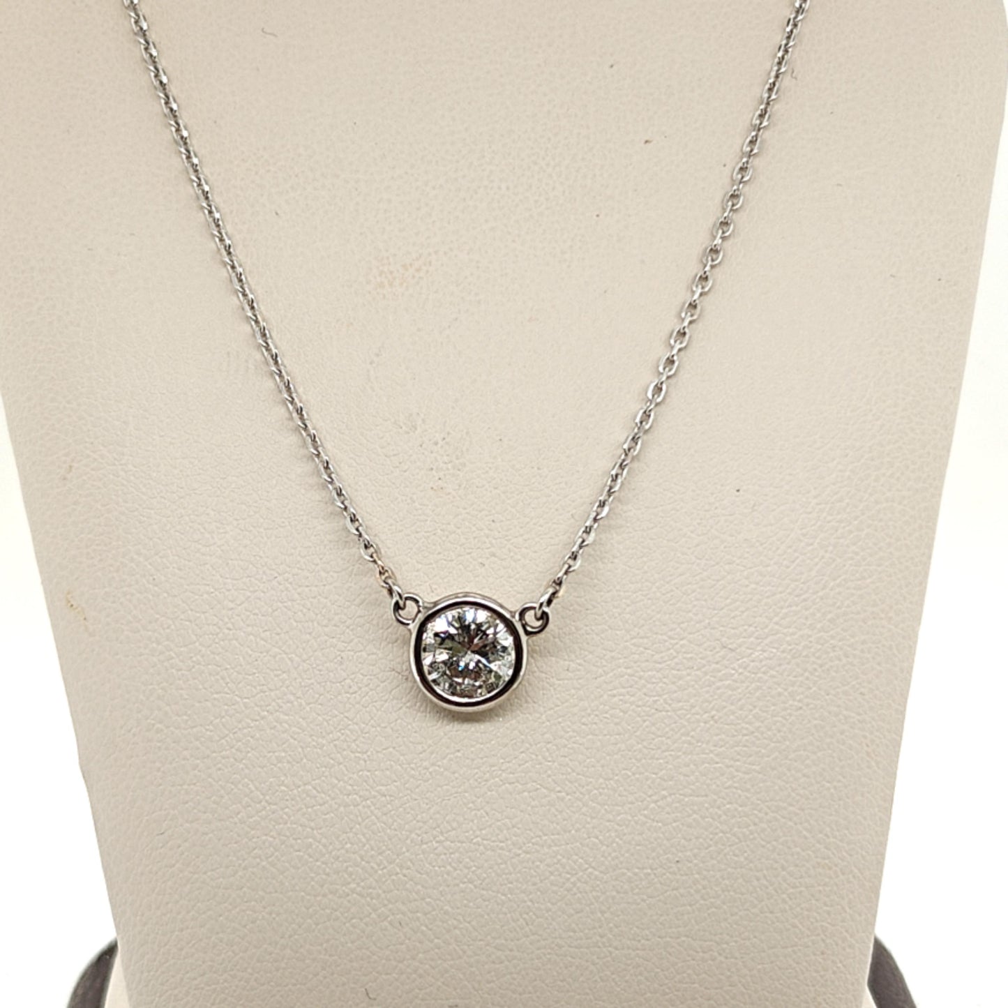 DIAMOND SOLITAIRE PENDANT NECKLACE BEZEL SET WHITE GOLD 1.27CT