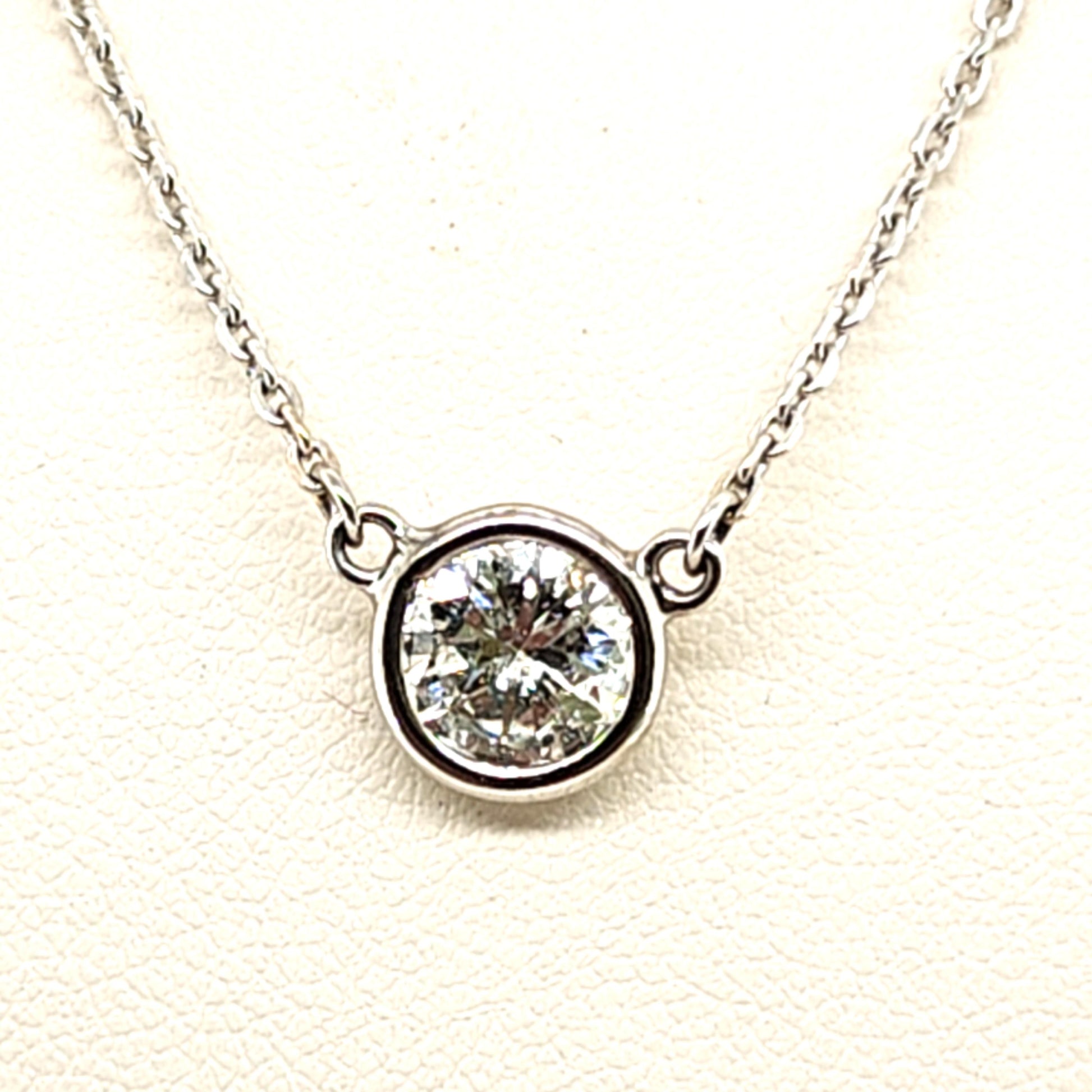 DIAMOND SOLITAIRE PENDANT NECKLACE BEZEL SET WHITE GOLD 1.27CT