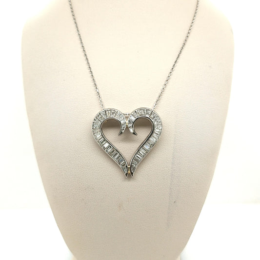 DIAMOND HEART PENDANT NECKLACE BAGUETTES PLATINUM 3.02CT