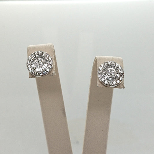 DIAMOND ROUND AND BAGUETTE CLUSTER EARRINGS WHITE GOLD
