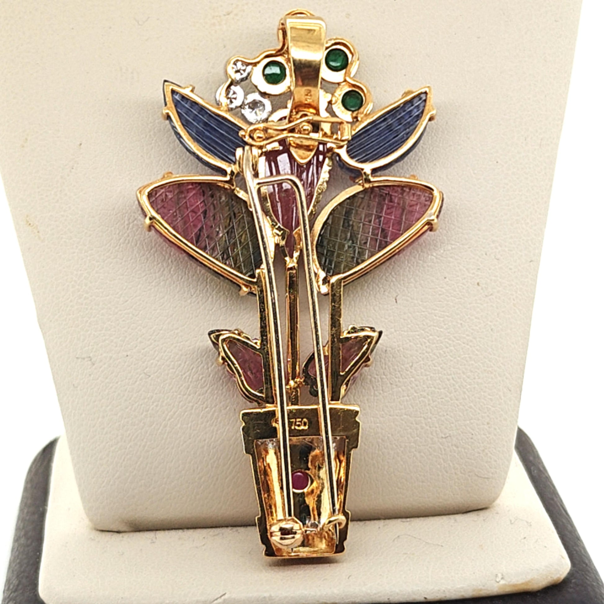 GOLD CURVED TOURMALINE FLOWER PIN YELLOW GOLD
