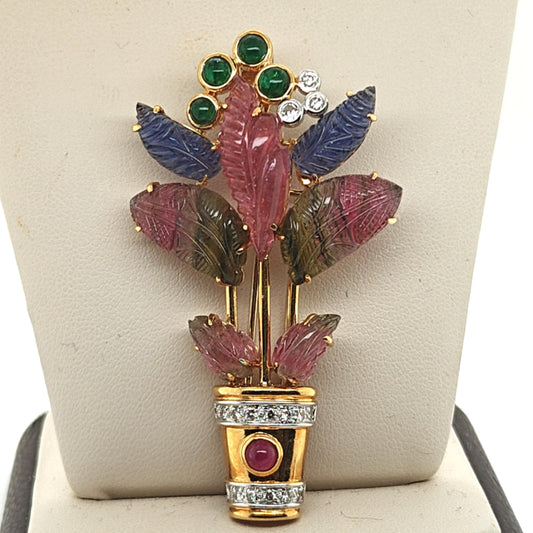 GOLD CURVED TOURMALINE FLOWER PIN YELLOW GOLD