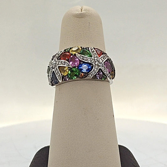 MULTI STONE AND DIAMOND STARFISH RING WHITE GOLD