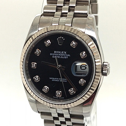 ROLEX DATEJUST BLACK DIAMOND DIAL FLUTED BEZEL JUBILEE STEEL BRACELET 36MM