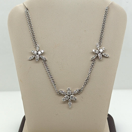 DIAMOND CLUSTER NECKLACE 3 STAR FLOWERS WHITE GOLD 1.55CT