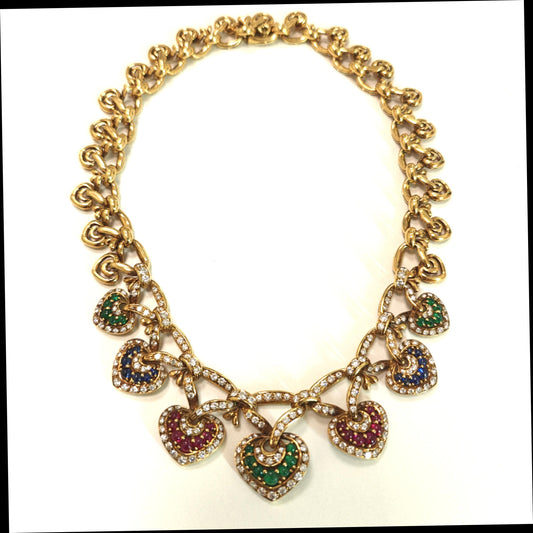 MULTI COLOR CABOCHON AND DIAMOND NECKLACE YELLOW GOLD