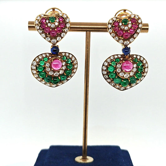 MULTI COLOR CABOCHON AND DIAMOND EARRINGS YELLOW GOLD