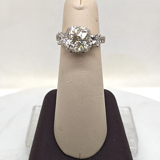 DIAMOND RING 3.54CT CUSHION CUT WITH HALO & ACCENT DIAMONDS PLATINUM