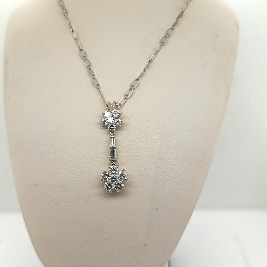 TWO DIAMOND CLUSTERS PENDANT NECKLACE WHITE GOLD