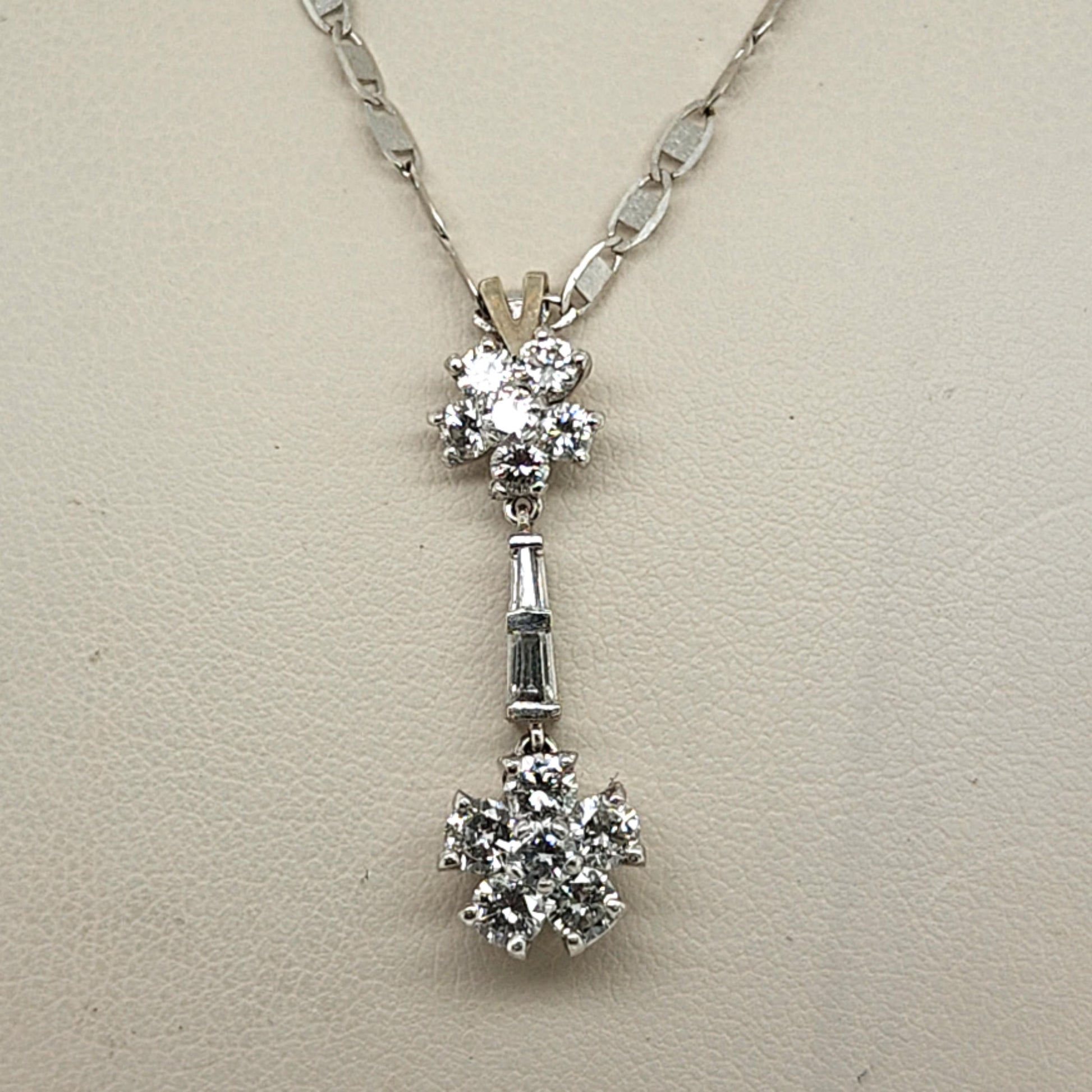 TWO DIAMOND CLUSTERS PENDANT NECKLACE WHITE GOLD