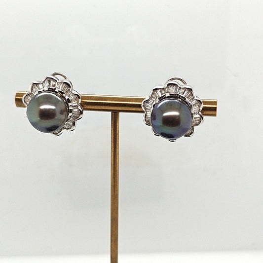 BLACK PEARL 11.6MM AND DIAMOND EARRINGS WHITE GOLD