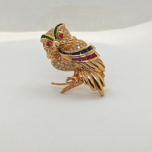 DIAMOND SAPPHIRE AND EMERALD OWL PIN BROOCH YELLOW GOLD