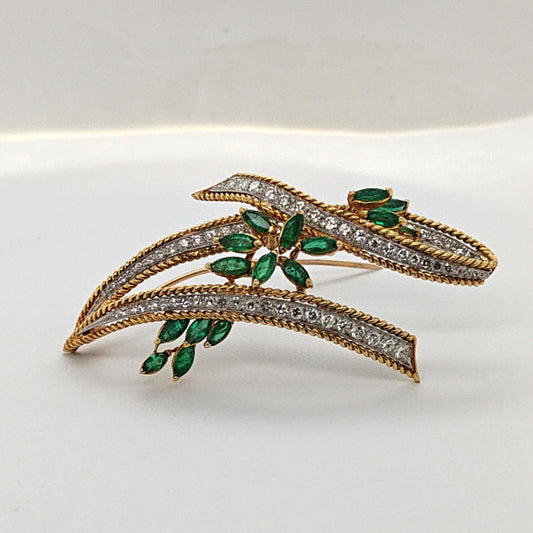 DIAMOND AND EMERALD PIN BROOCH PLATINUM AND GOLD