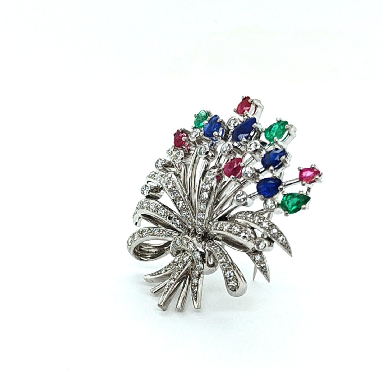 FLORAL BOUQUET PIN BROOCH DIAMOND RUBY SAPPHIRE AND EMERALD WHITE GOLD