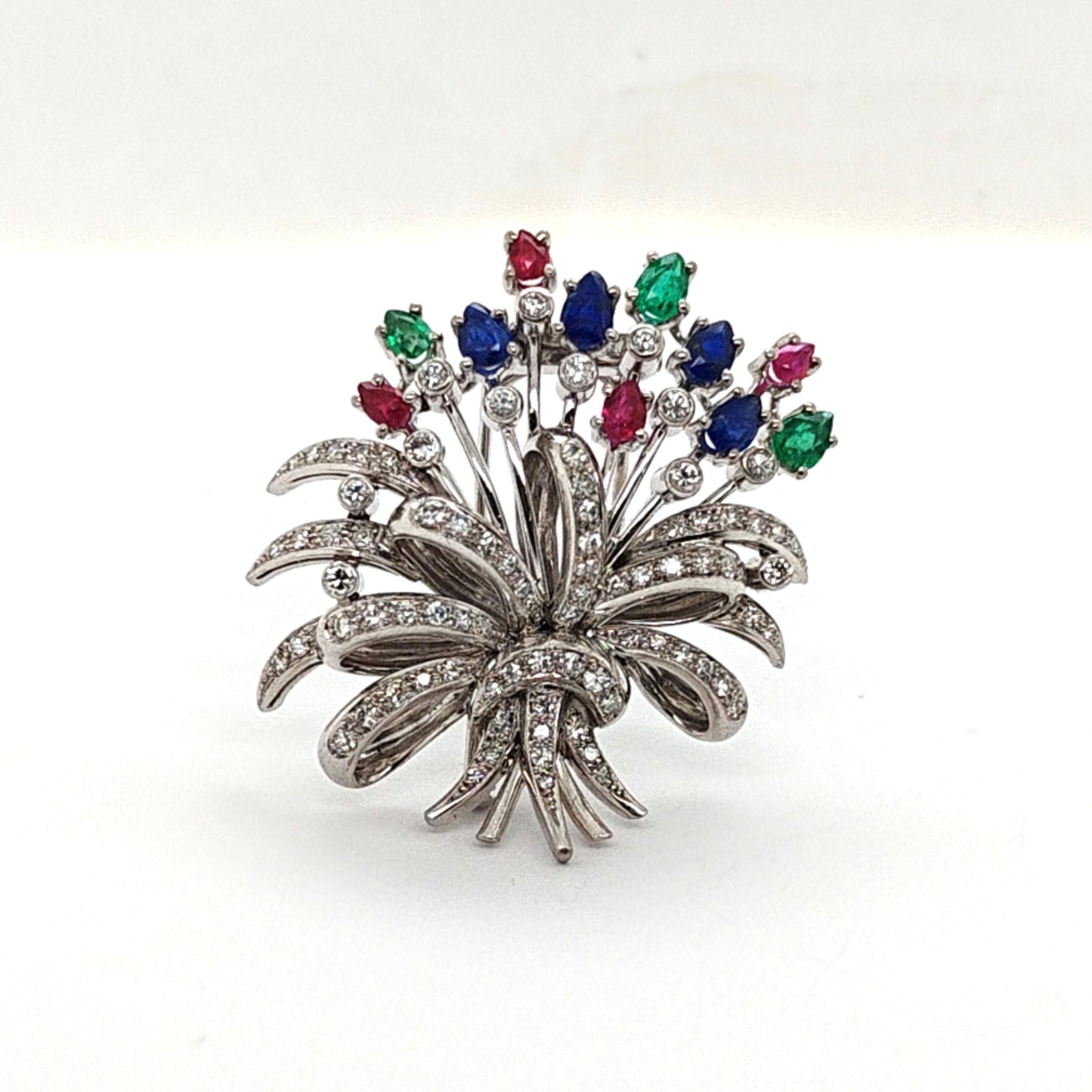 FLORAL BOUQUET PIN BROOCH DIAMOND RUBY SAPPHIRE AND EMERALD WHITE GOLD