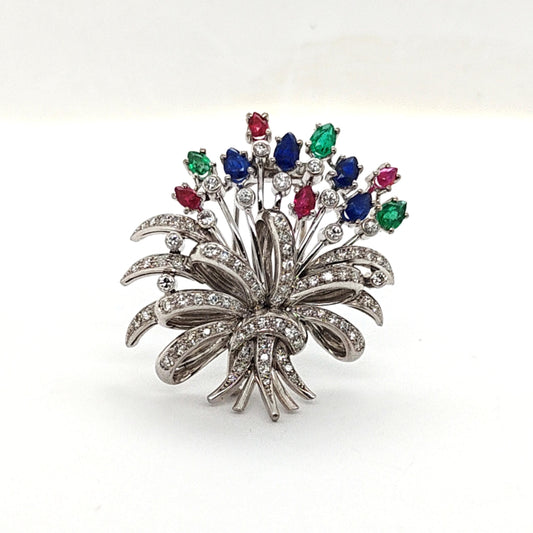 FLORAL BOUQUET PIN BROOCH DIAMOND RUBY SAPPHIRE AND EMERALD WHITE GOLD