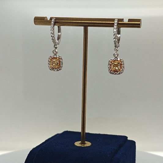 YELLOW DIAMOND 2.02CT DANGLE EARRINGS DIAMOND HALO WHITE GOLD