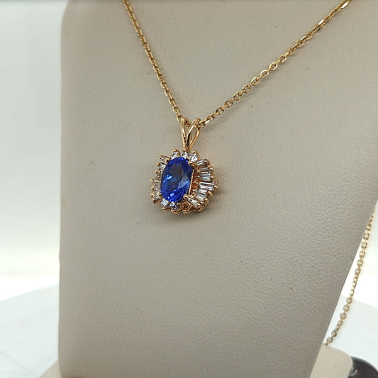 TANZANITE AND DIAMOND PENDANT NECKLACE YELLOW GOLD