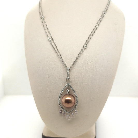 BLACK PEARL AND BRIOLETTE DIAMOND PENDANT NECKLACE WHITE GOLD