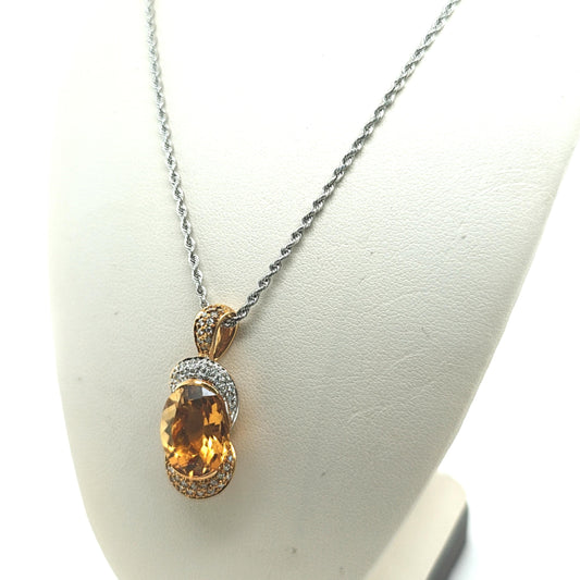 CITRINE AND DIAMOND PENDANT NECKLACE TWO TONE GOLD