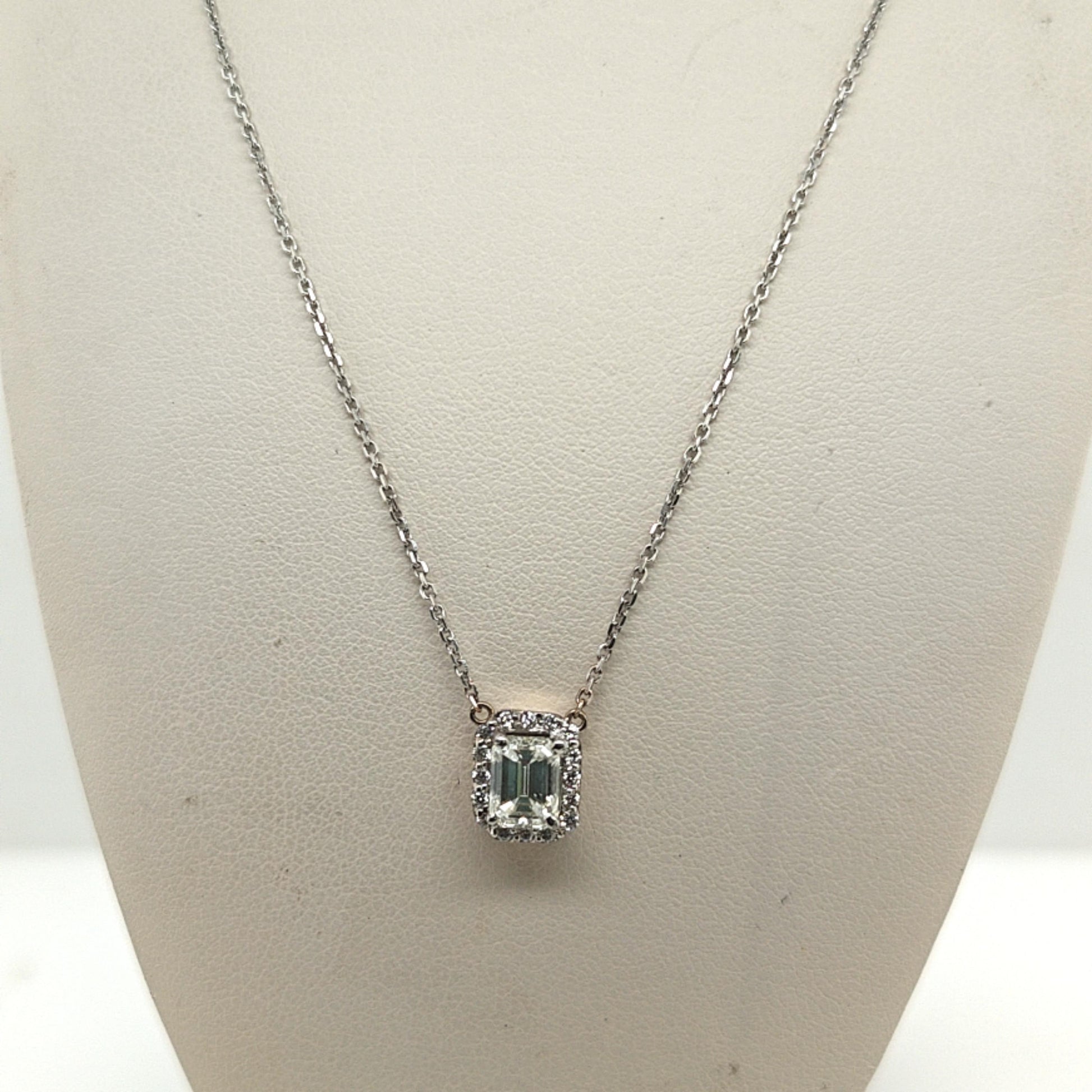 DIAMOND EMERALD CUT PENDANT NECKLACE 1.01CT WHITE GOLD