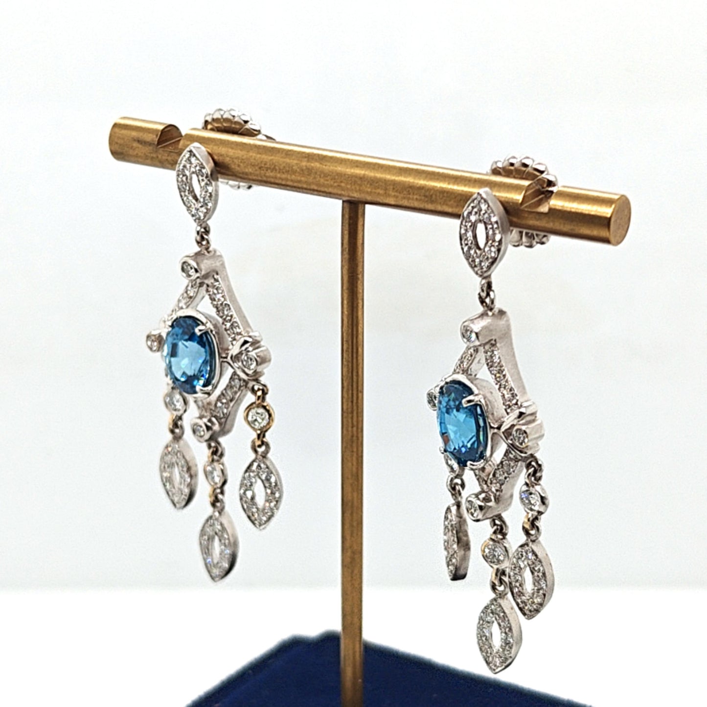 ROYAL BLUE TOPAZ AND DIAMOND DANGLE  EARRINGS WHITE GOLD