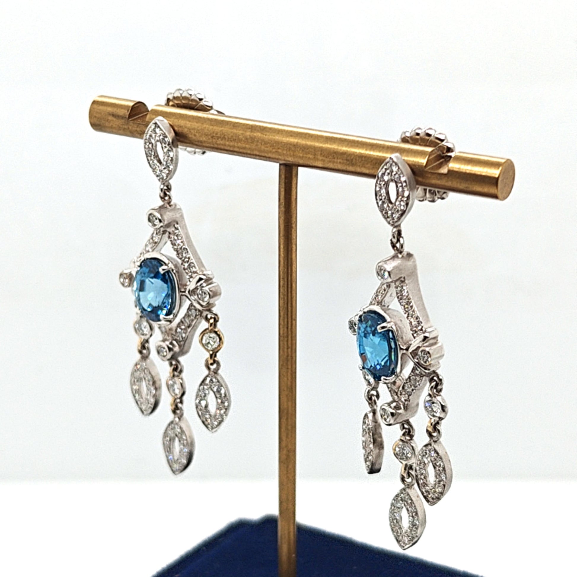 ROYAL BLUE TOPAZ AND DIAMOND DANGLE  EARRINGS WHITE GOLD