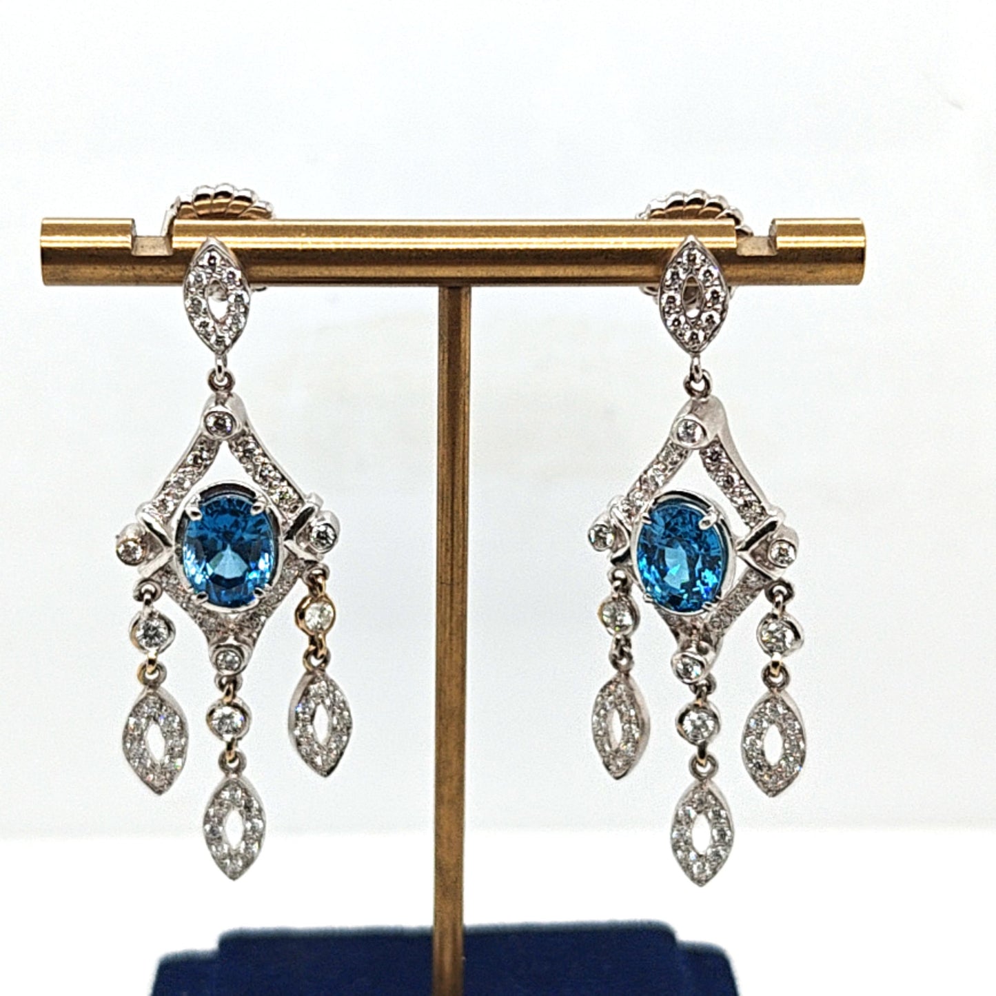 ROYAL BLUE TOPAZ AND DIAMOND DANGLE  EARRINGS WHITE GOLD