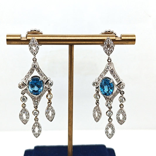 ROYAL BLUE TOPAZ AND DIAMOND DANGLE  EARRINGS WHITE GOLD