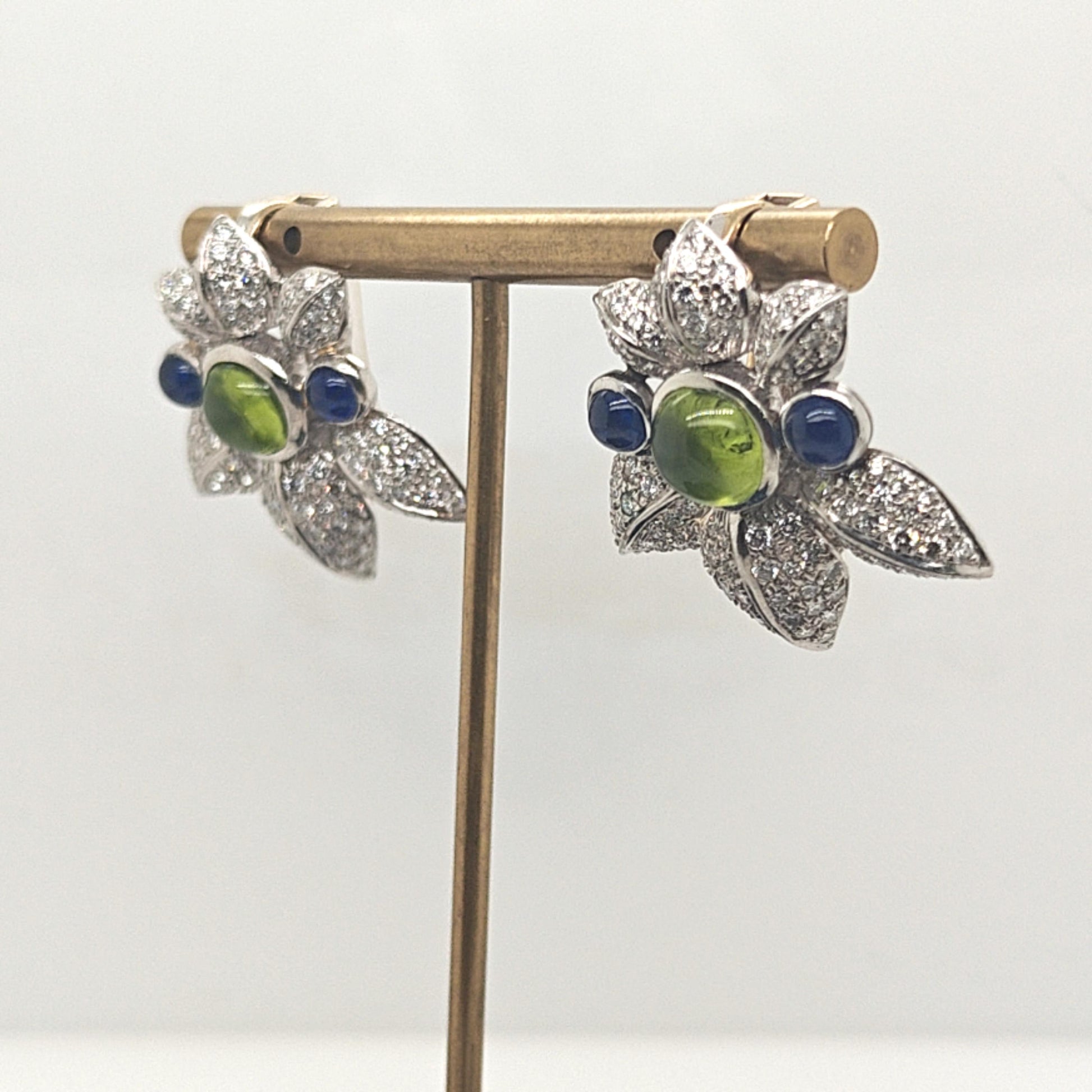 DIAMOND CABOCHON SAPPHIRE AND TOURMALINE LEAF SHAPED EARRINGS PLATINUM