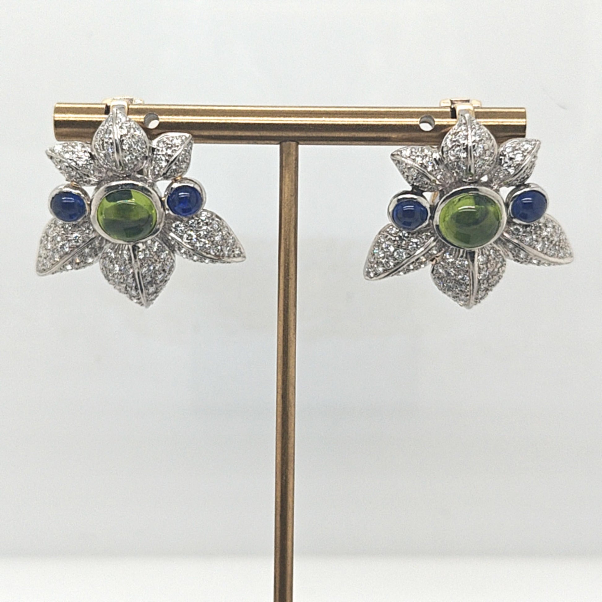 DIAMOND CABOCHON SAPPHIRE AND TOURMALINE LEAF SHAPED EARRINGS PLATINUM