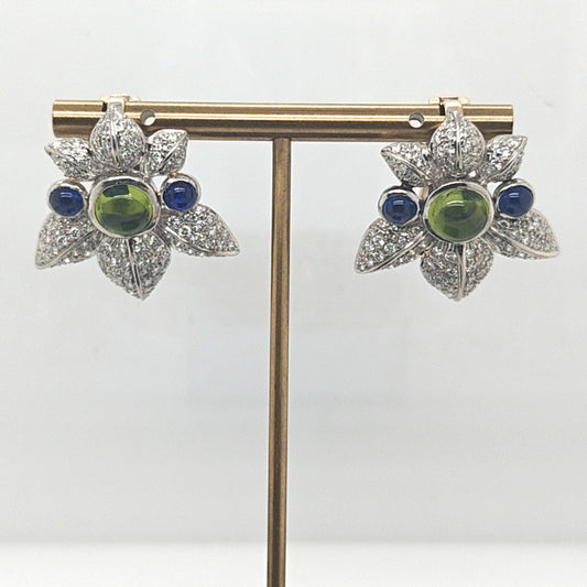 DIAMOND CABOCHON SAPPHIRE AND TOURMALINE LEAF SHAPED EARRINGS PLATINUM